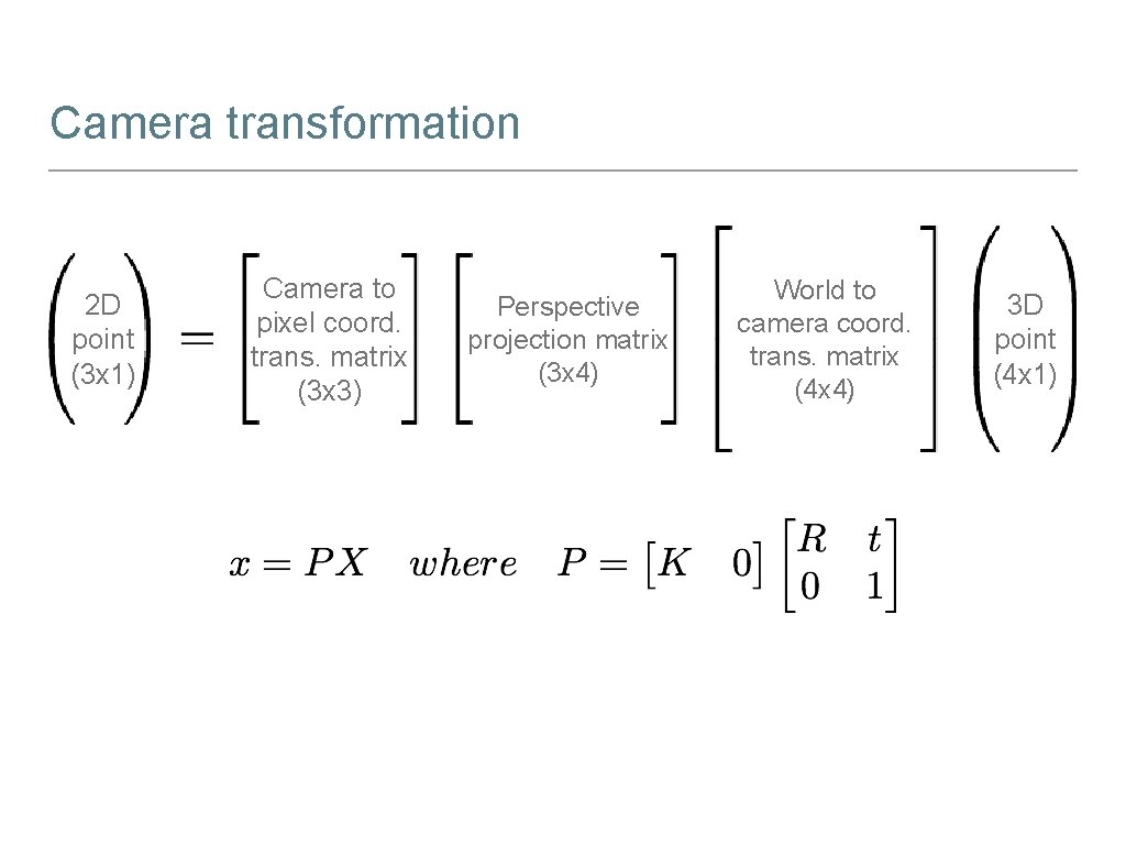 Camera transformation 2 D point (3 x 1) Camera to pixel coord. trans. matrix