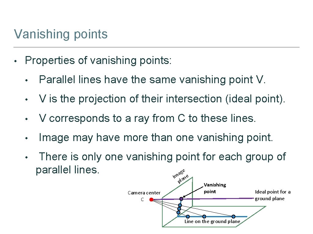 Vanishing points • Properties of vanishing points: • Parallel lines have the same vanishing