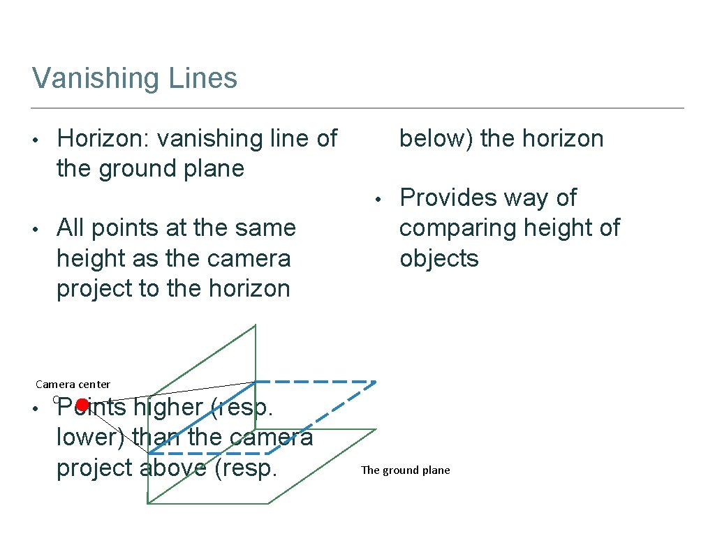 Vanishing Lines • Horizon: vanishing line of the ground plane below) the horizon •