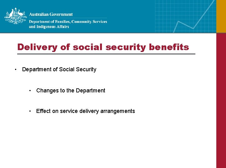 Delivery of social security benefits • Department of Social Security • Changes to the