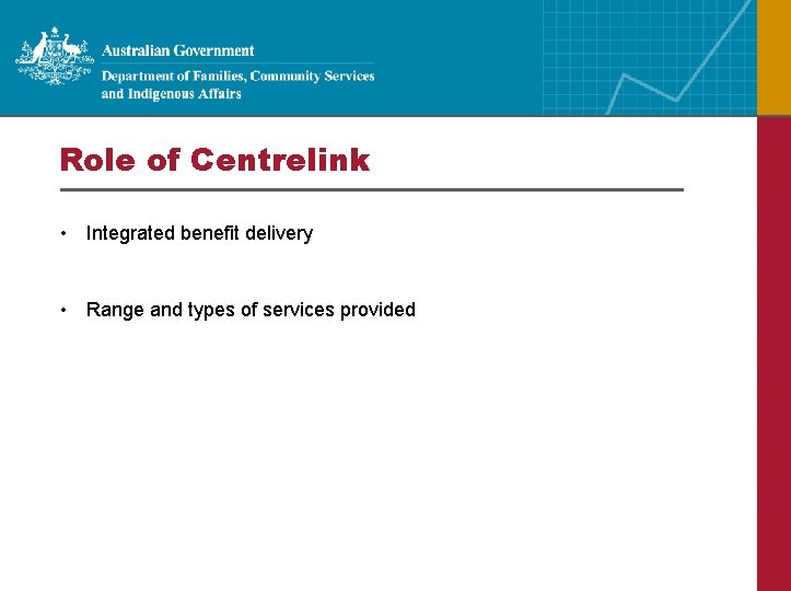 Role of Centrelink • Integrated benefit delivery • Range and types of services provided