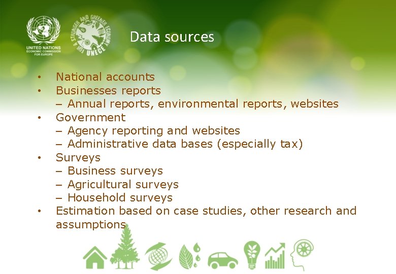 Data sources • • • National accounts Businesses reports – Annual reports, environmental reports,