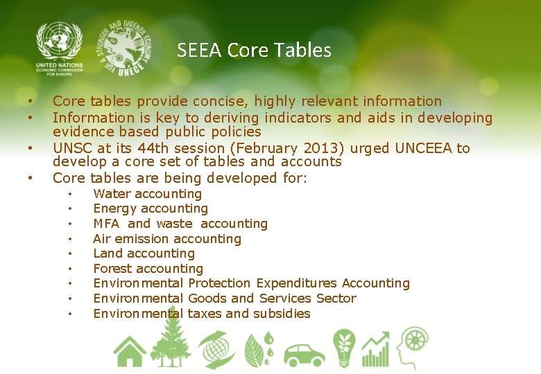 SEEA Core Tables • • Core tables provide concise, highly relevant information Information is