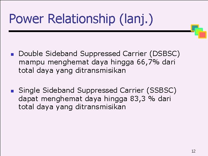 Power Relationship (lanj. ) n n Double Sideband Suppressed Carrier (DSBSC) mampu menghemat daya