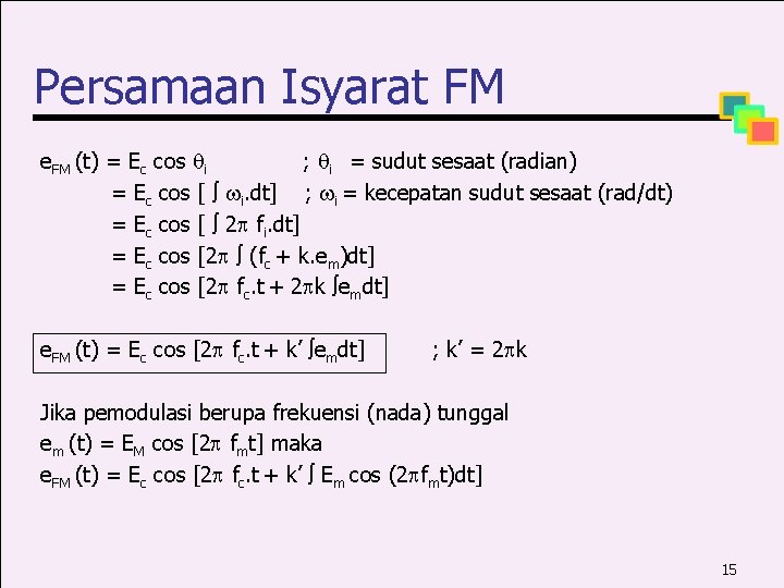 Persamaan Isyarat FM e. FM (t) = Ec cos i ; i = sudut