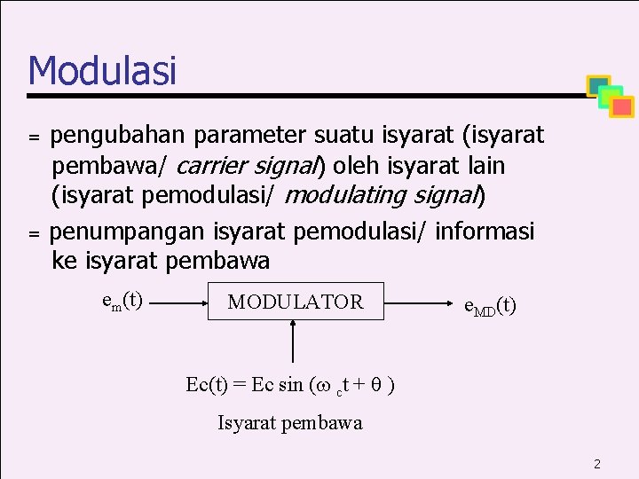 Modulasi = = pengubahan parameter suatu isyarat (isyarat pembawa/ carrier signal) oleh isyarat lain