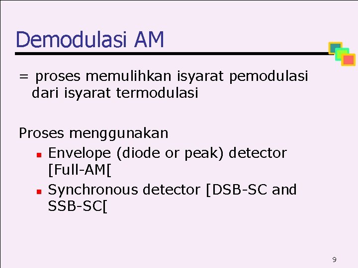 Demodulasi AM = proses memulihkan isyarat pemodulasi dari isyarat termodulasi Proses menggunakan n Envelope