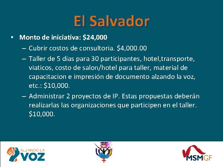 El Salvador • Monto de iniciativa: $24, 000 – Cubrir costos de consultoria. $4,