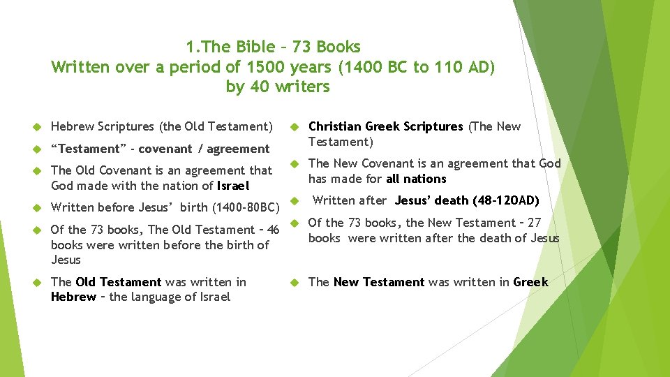 1. The Bible – 73 Books Written over a period of 1500 years (1400