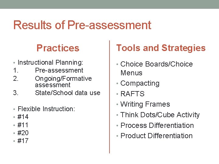 Results of Pre-assessment Practices • Instructional Planning: 1. 2. 3. • • • Pre-assessment