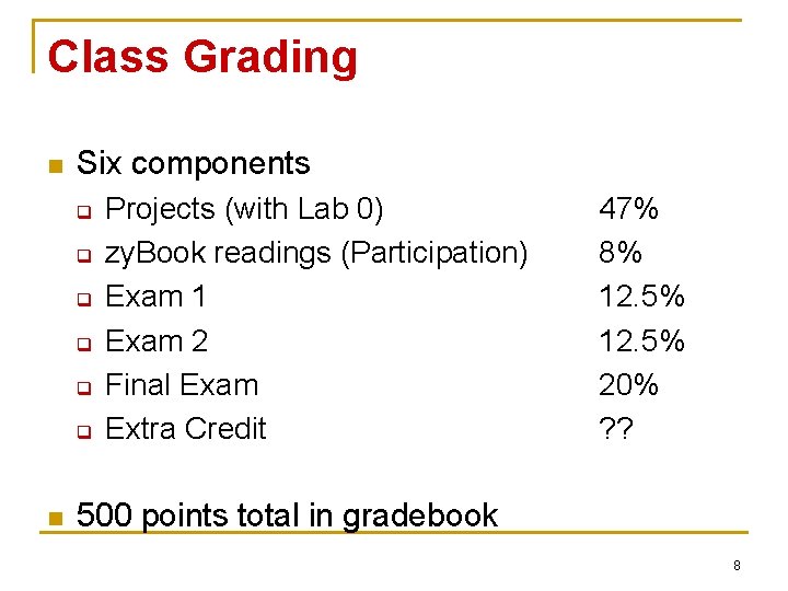 Class Grading n Six components q q q n Projects (with Lab 0) zy.