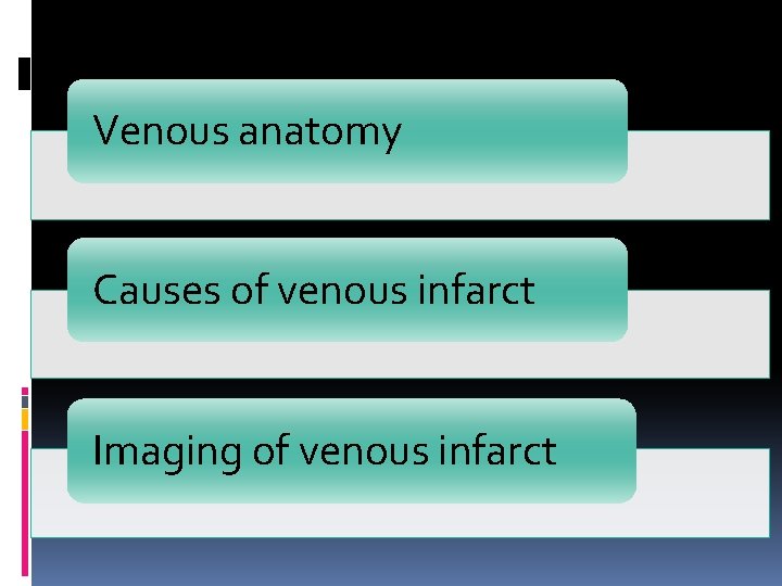 Venous anatomy Causes of venous infarct Imaging of venous infarct 