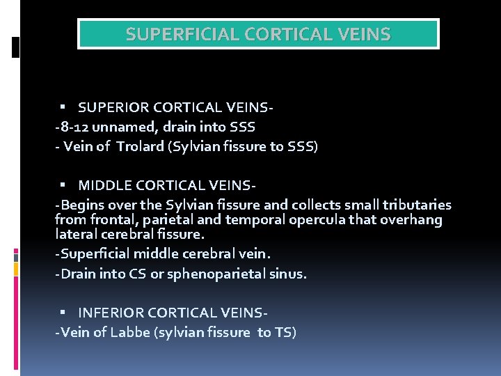 SUPERFICIAL CORTICAL VEINS SUPERIOR CORTICAL VEINS-8 -12 unnamed, drain into SSS - Vein of