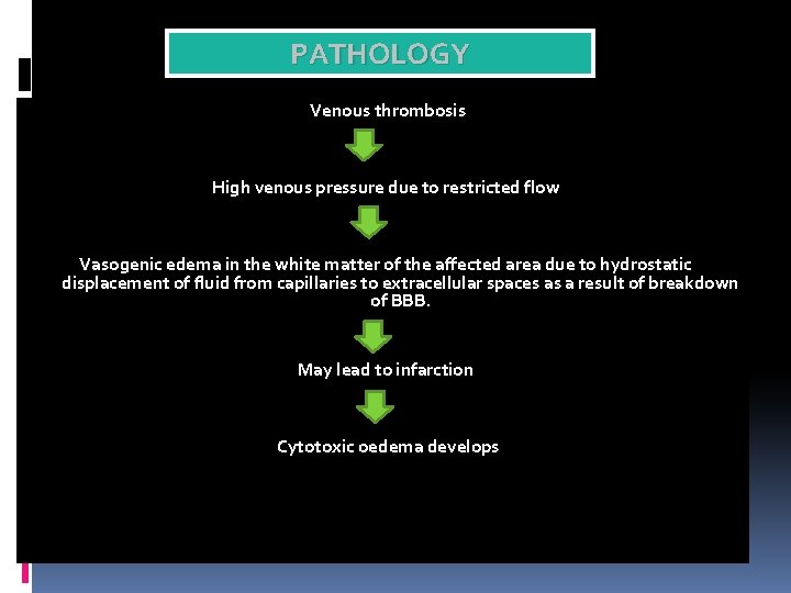 PATHOLOGY Venous thrombosis High venous pressure due to restricted flow Vasogenic edema in the