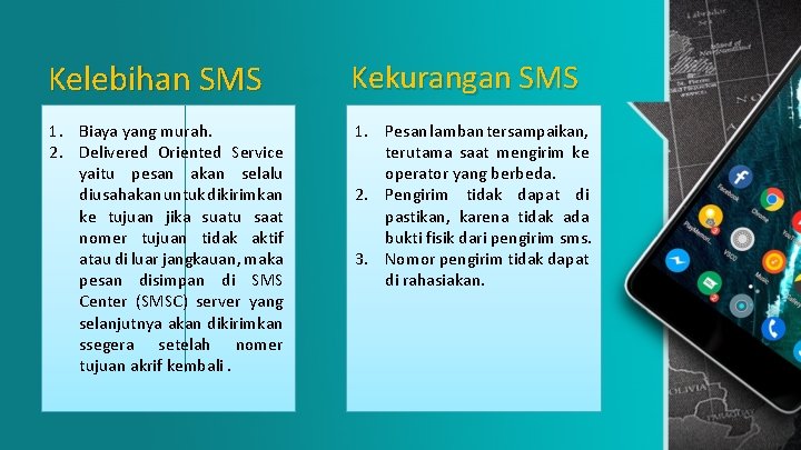 Kelebihan SMS Kekurangan SMS 1. Biaya yang murah. 2. Delivered Oriented Service yaitu pesan