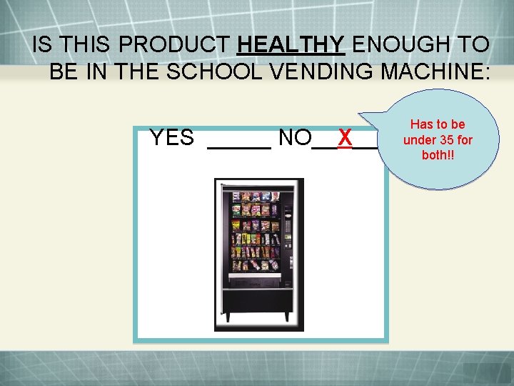 IS THIS PRODUCT HEALTHY ENOUGH TO BE IN THE SCHOOL VENDING MACHINE: YES _____