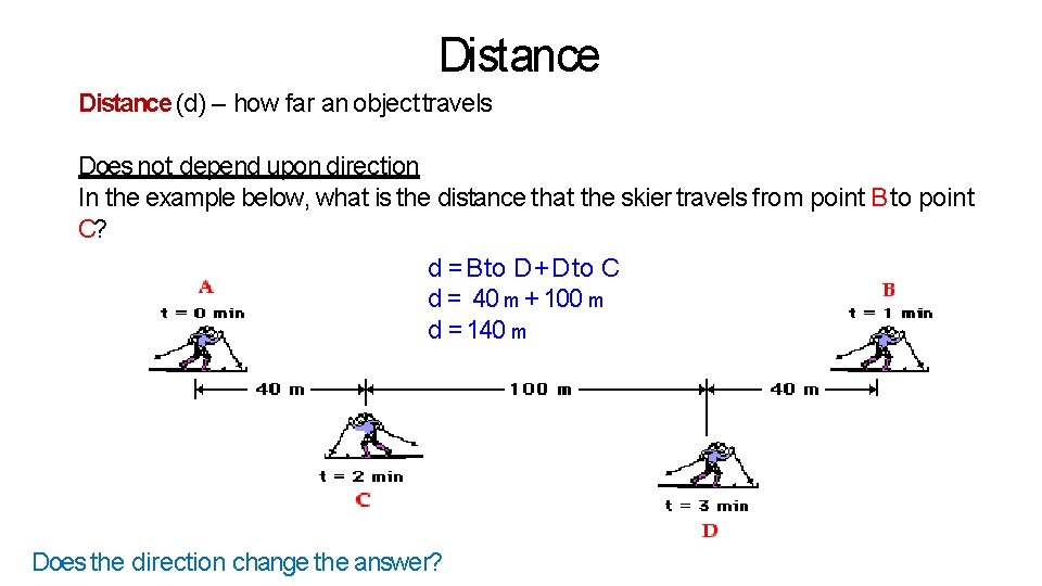 Distance (d) – how far an object travels Does not depend upon direction In Distance (d) – how far an object travels Does not depend upon direction In
