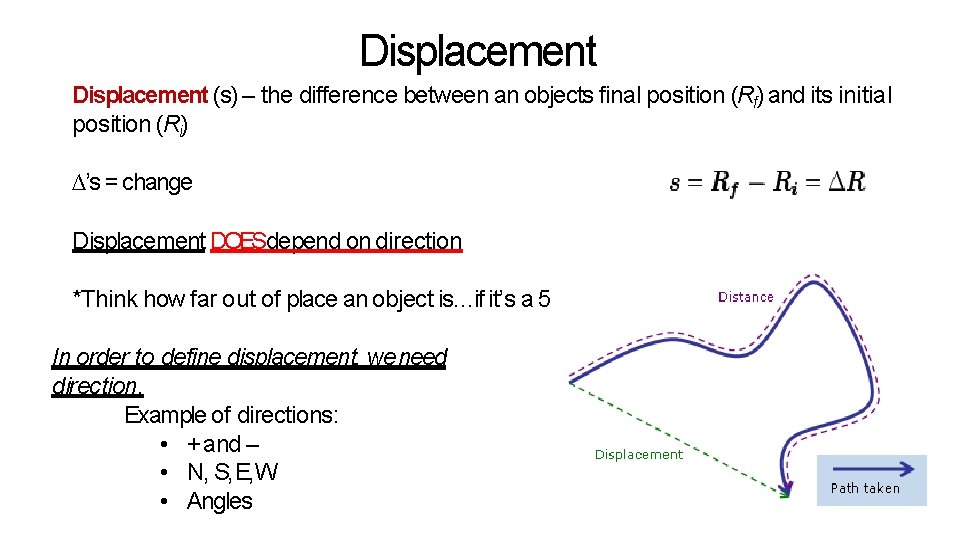 Displacement (s) – the difference between an objects final position (Rf) and its initial Displacement (s) – the difference between an objects final position (Rf) and its initial