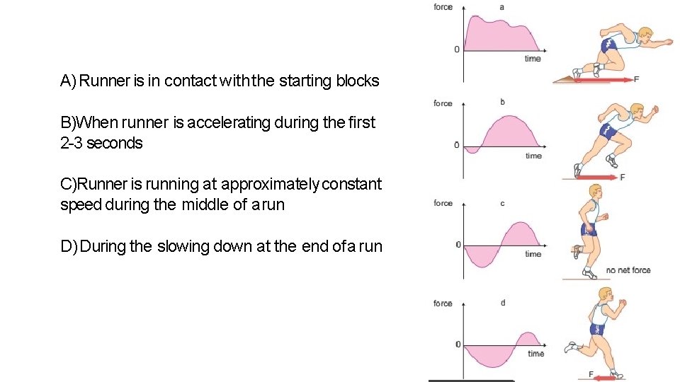 A) Runner is in contact with the starting blocks B)When runner is accelerating during A) Runner is in contact with the starting blocks B)When runner is accelerating during