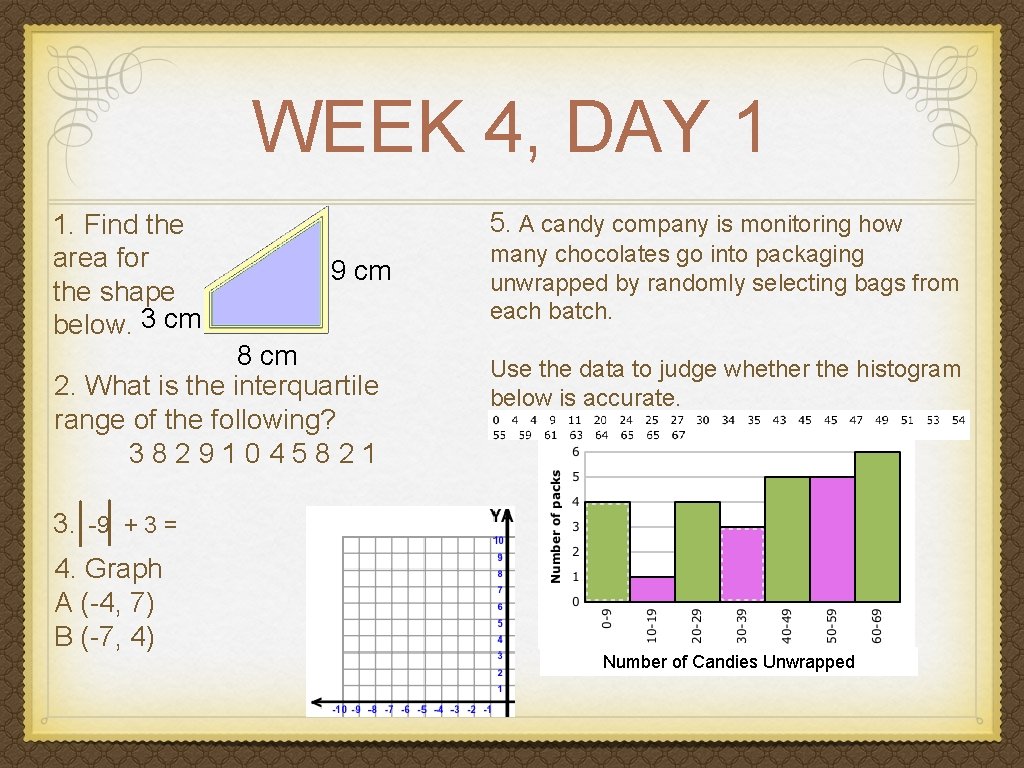 WEEK 4, DAY 1 1. Find the area for the shape below. 3 cm