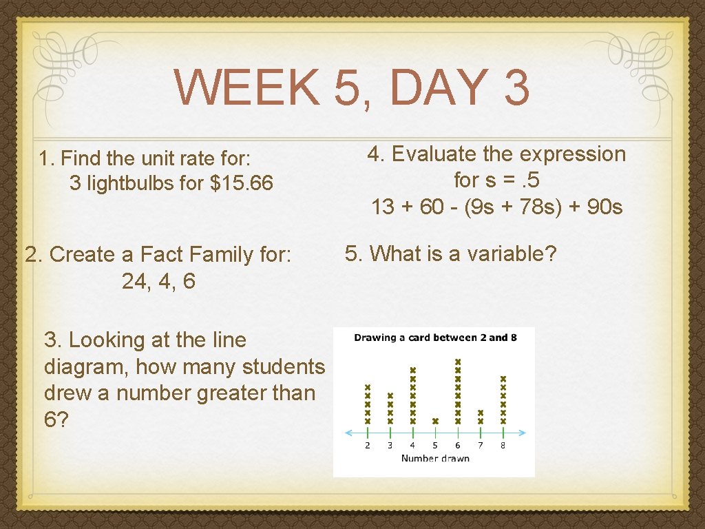 WEEK 5, DAY 3 1. Find the unit rate for: 3 lightbulbs for $15.