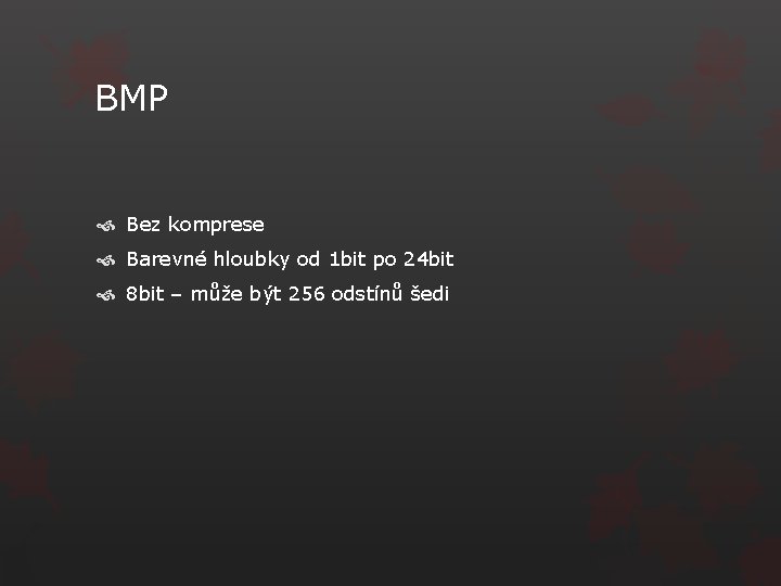 BMP Bez komprese Barevné hloubky od 1 bit po 24 bit 8 bit –