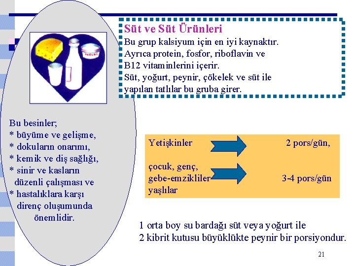 Süt ve Süt Ürünleri Bu grup kalsiyum için en iyi kaynaktır. Ayrıca protein, fosfor,