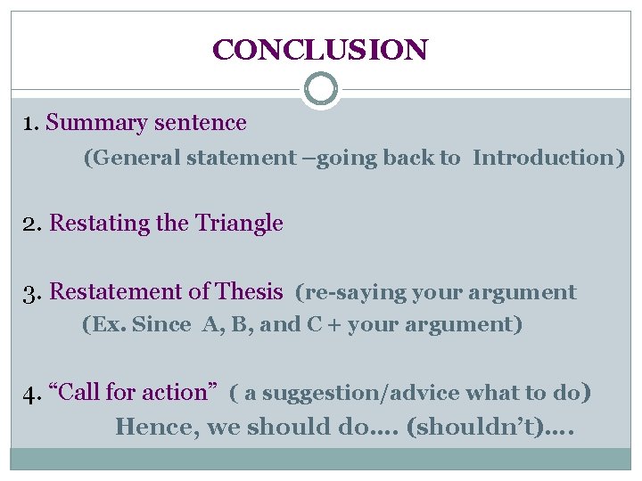 CONCLUSION 1. Summary sentence (General statement –going back to Introduction) 2. Restating the Triangle