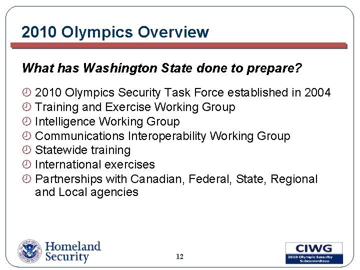 2010 Olympics Overview What has Washington State done to prepare? ¾ 2010 Olympics Security