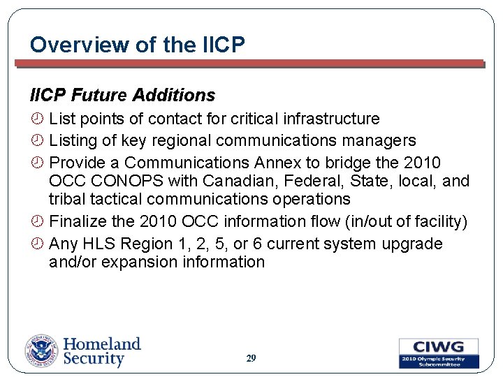 Overview of the IICP Future Additions ¾ List points of contact for critical infrastructure