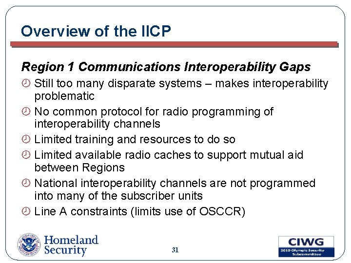 Overview of the IICP Region 1 Communications Interoperability Gaps ¾ Still too many disparate