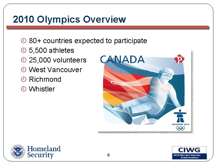 2010 Olympics Overview ¾ 80+ countries expected to participate ¾ 5, 500 athletes ¾