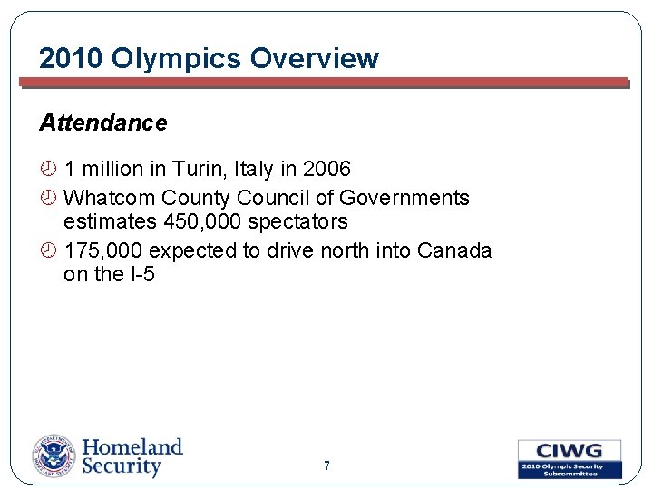 2010 Olympics Overview Attendance ¾ 1 million in Turin, Italy in 2006 ¾ Whatcom