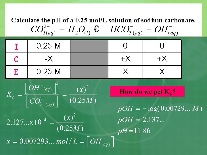 Calculate the p. H of a 0. 25 mol/L solution of sodium carbonate. I