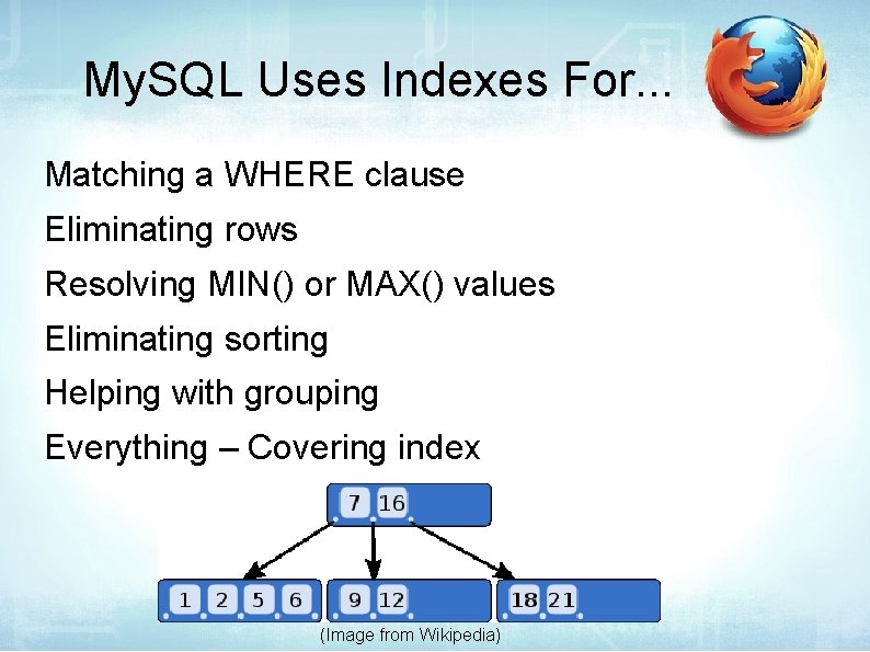 My. SQL Uses Indexes For. . . Matching a WHERE clause Eliminating rows Resolving