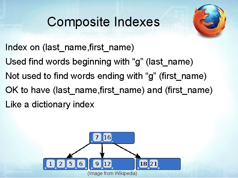 Composite Indexes Index on (last_name, first_name) Used find words beginning with “g” (last_name) Not