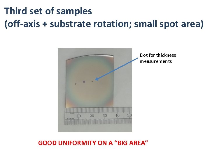 Third set of samples (off-axis + substrate rotation; small spot area) Dot for thickness