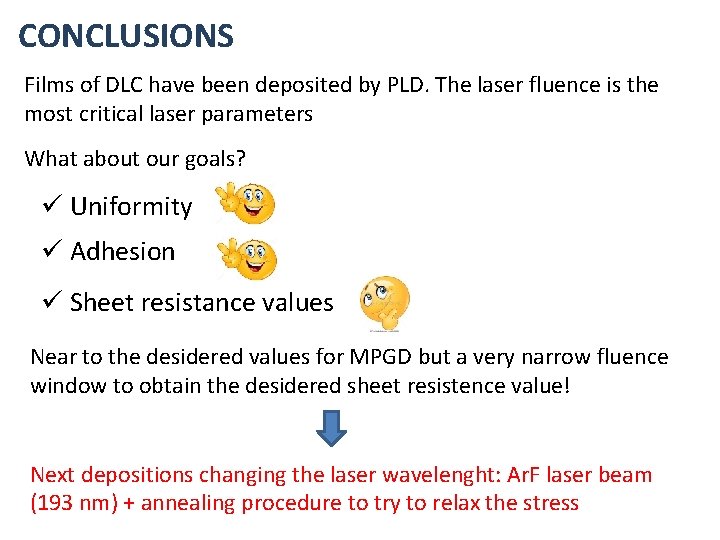 CONCLUSIONS Films of DLC have been deposited by PLD. The laser fluence is the