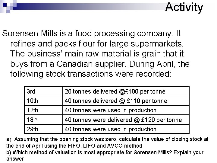 Activity Sorensen Mills is a food processing company. It refines and packs flour for