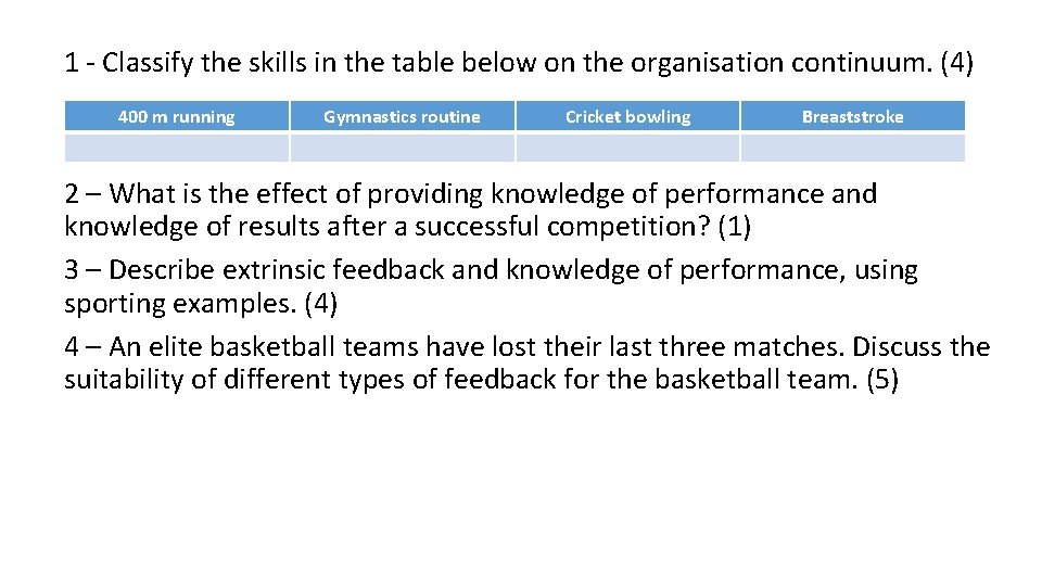 1 - Classify the skills in the table below on the organisation continuum. (4)