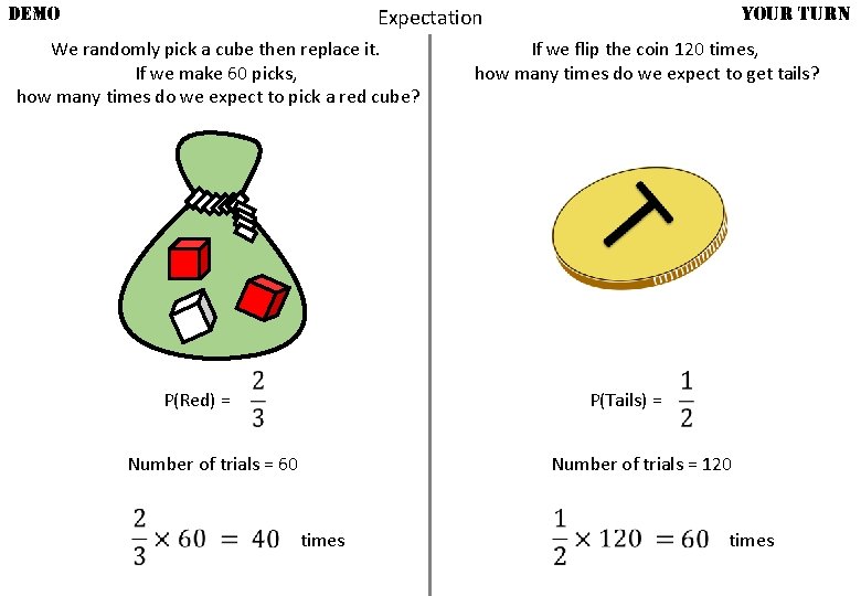 DEMO YOUR TURN Expectation We randomly pick a cube then replace it. If we