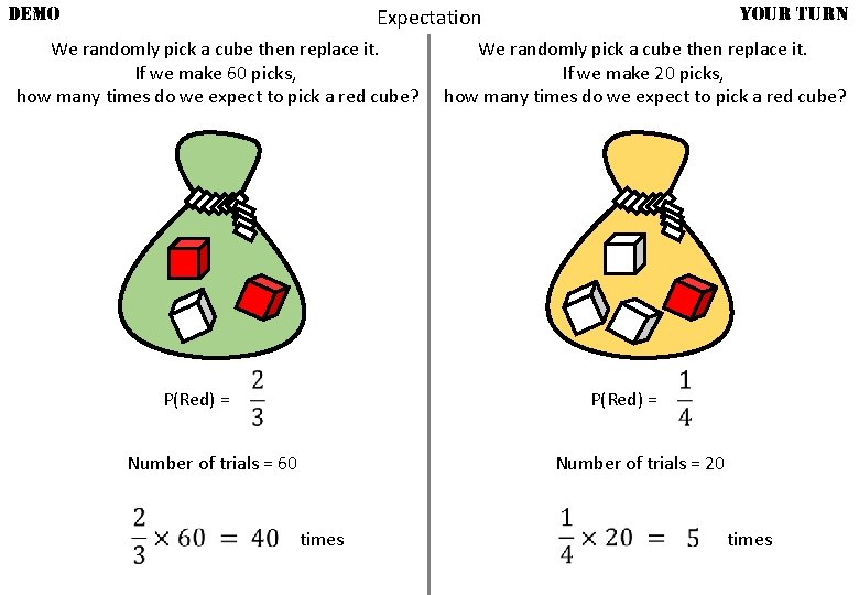 DEMO YOUR TURN Expectation We randomly pick a cube then replace it. If we