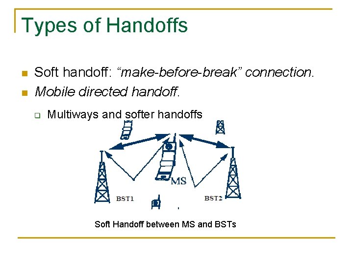 Types of Handoffs n n Soft handoff: “make-before-break” connection. Mobile directed handoff. q Multiways