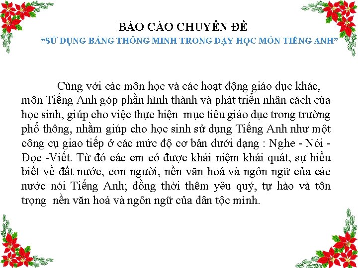 BÁO CHUYÊN ĐỀ “SỬ DỤNG BẢNG THÔNG MINH TRONG DẠY HỌC MÔN TIẾNG ANH”