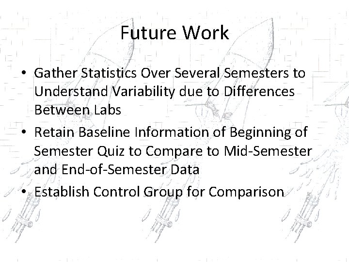 Future Work • Gather Statistics Over Several Semesters to Understand Variability due to Differences
