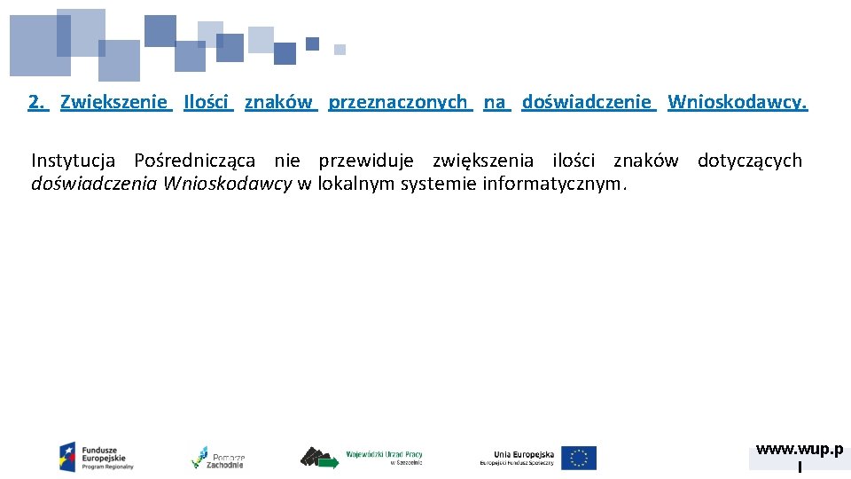 2. Zwiększenie Ilości znaków przeznaczonych na doświadczenie Wnioskodawcy. Instytucja Pośrednicząca nie przewiduje zwiększenia ilości