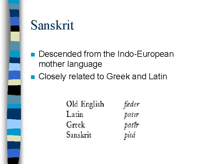 Sanskrit n n Descended from the Indo-European mother language Closely related to Greek and