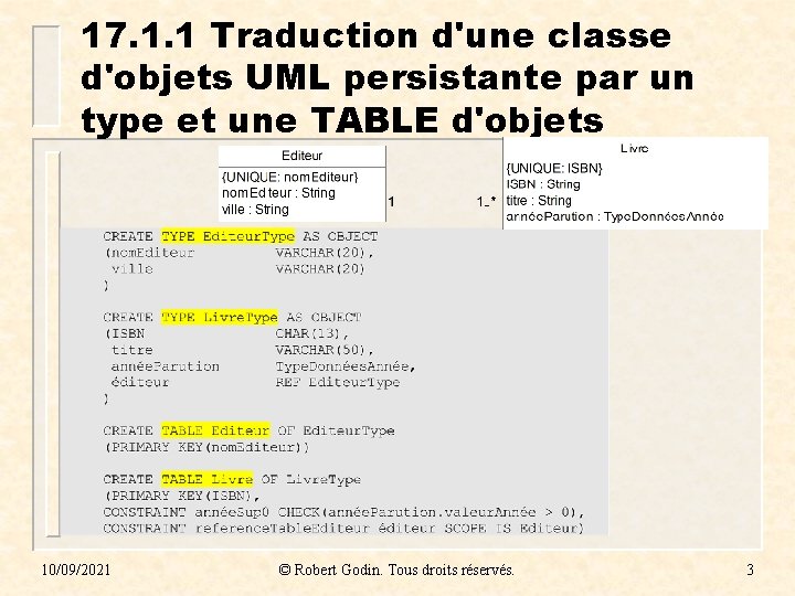 17. 1. 1 Traduction d'une classe d'objets UML persistante par un type et une