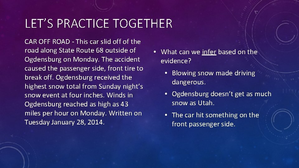 LET’S PRACTICE TOGETHER CAR OFF ROAD - This car slid off of the road