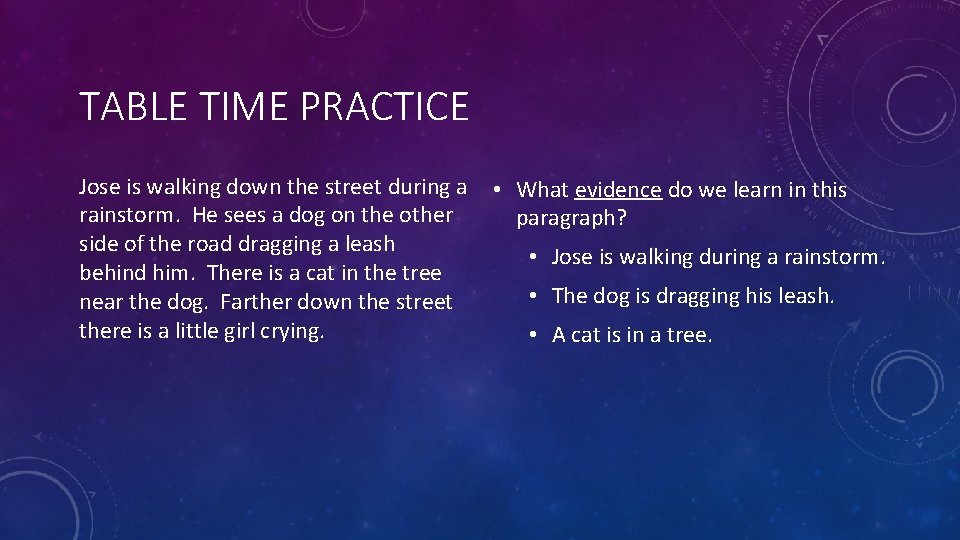 TABLE TIME PRACTICE Jose is walking down the street during a rainstorm. He sees